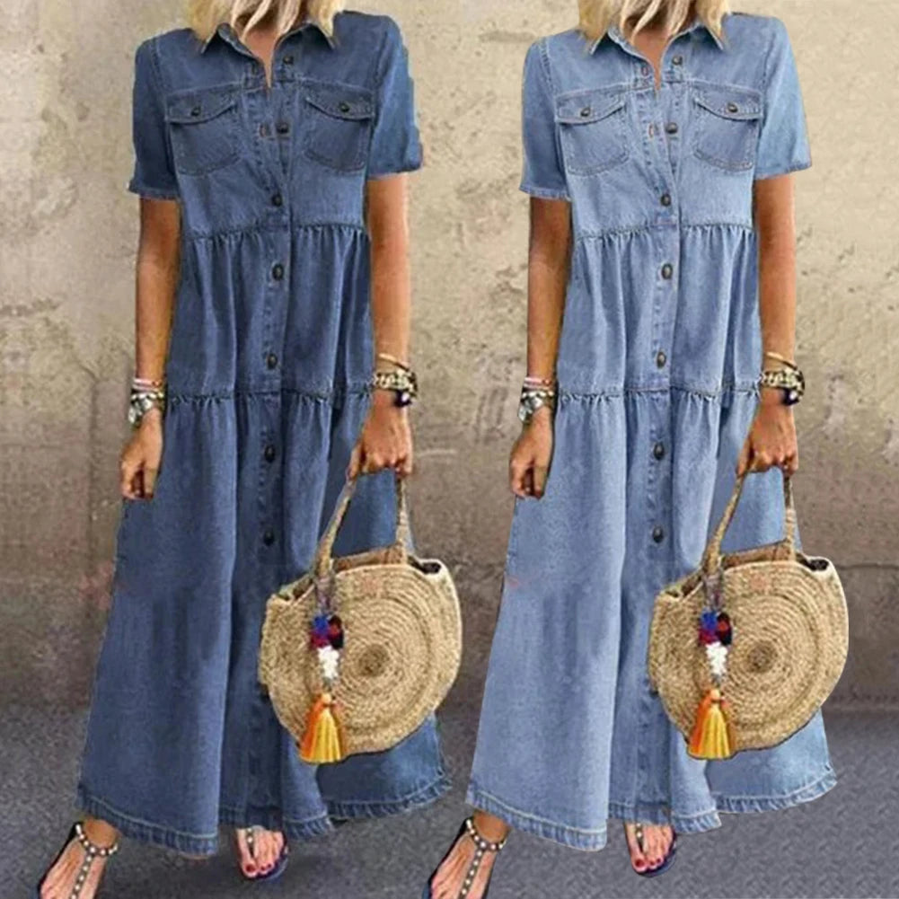 Women's Loose Denim Maxi Shirt Dress with Pockets & Lapel Collar