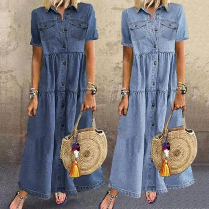 Women's Loose Denim Maxi Shirt Dress with Pockets & Lapel Collar