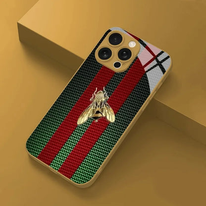 Luxury Metallic Stripe & Golden Bee Tempered Glass iPhone Case