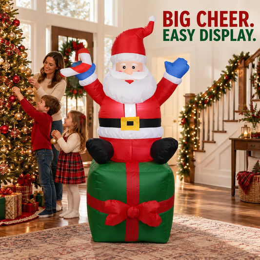 6FT Inflatable Santa Claus Sitting on Gift Box with LED Lights