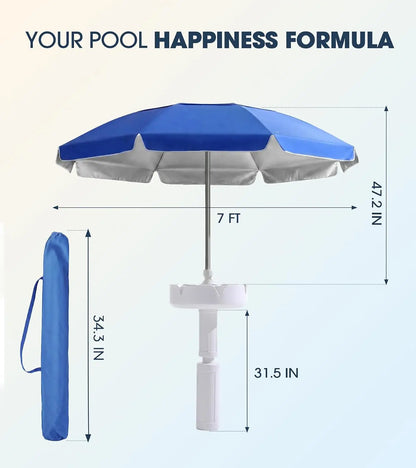7FT Floating Pool Umbrella with Base & Cup Holders – Portable In-Pool Shade Table & Sun Shelter with Carry Bag