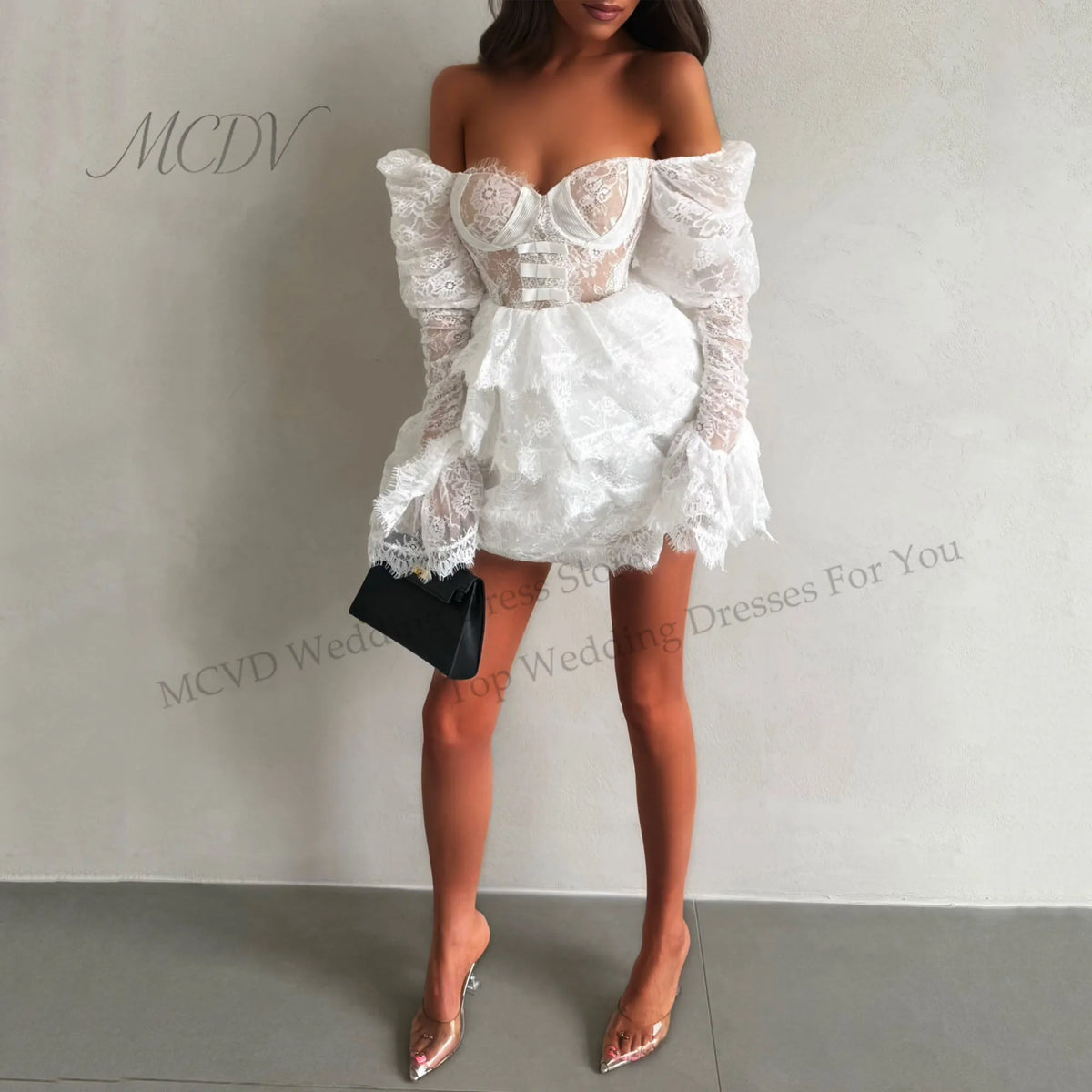 Elegant Off-The-Shoulder Lace & Tulle Mini Bridal Dress