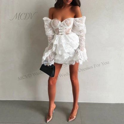 Elegant Off-The-Shoulder Lace & Tulle Mini Bridal Dress