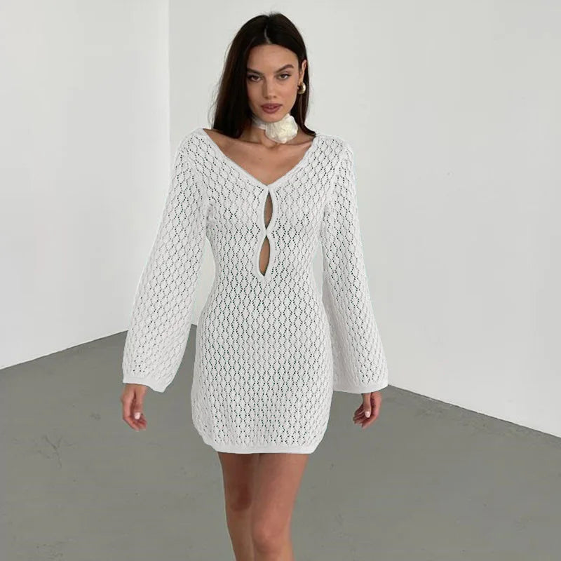 Women's Deep V-Neck Backless Knit Beach Cover-Up Dress