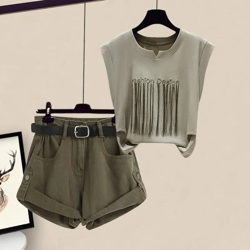Women's Summer Safari Style Letter Tassel T-Shirt & Shorts 2-Piece Set