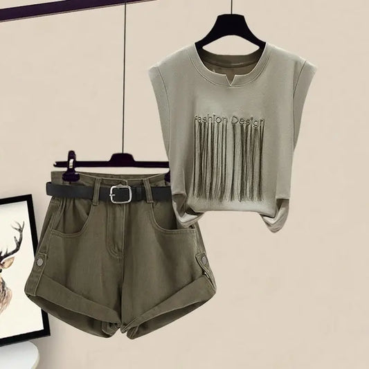 Women's Summer Safari Style Letter Tassel T-Shirt & Shorts 2-Piece Set