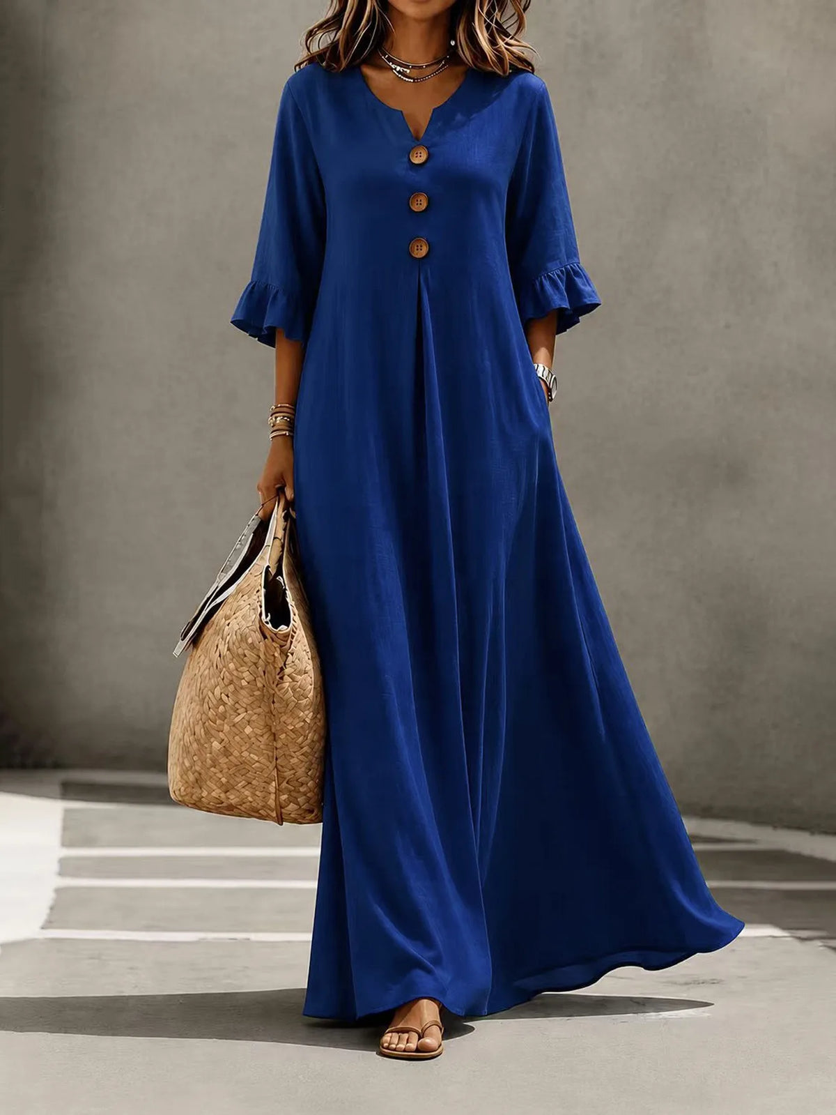 Plus Size Women's V-Neck Long Dress - Elegant Autumn & Winter Solid Color Maxi Dress