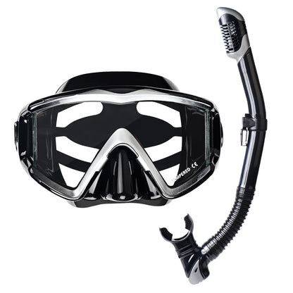 Adult Panoramic 3-Window Tempered Glass Diving & Snorkel Mask Set