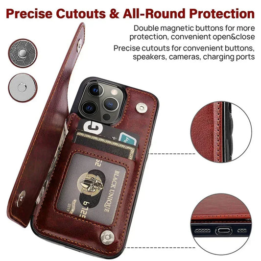 Double Button With Card Slot Stand Flip Leather Case For iPhone