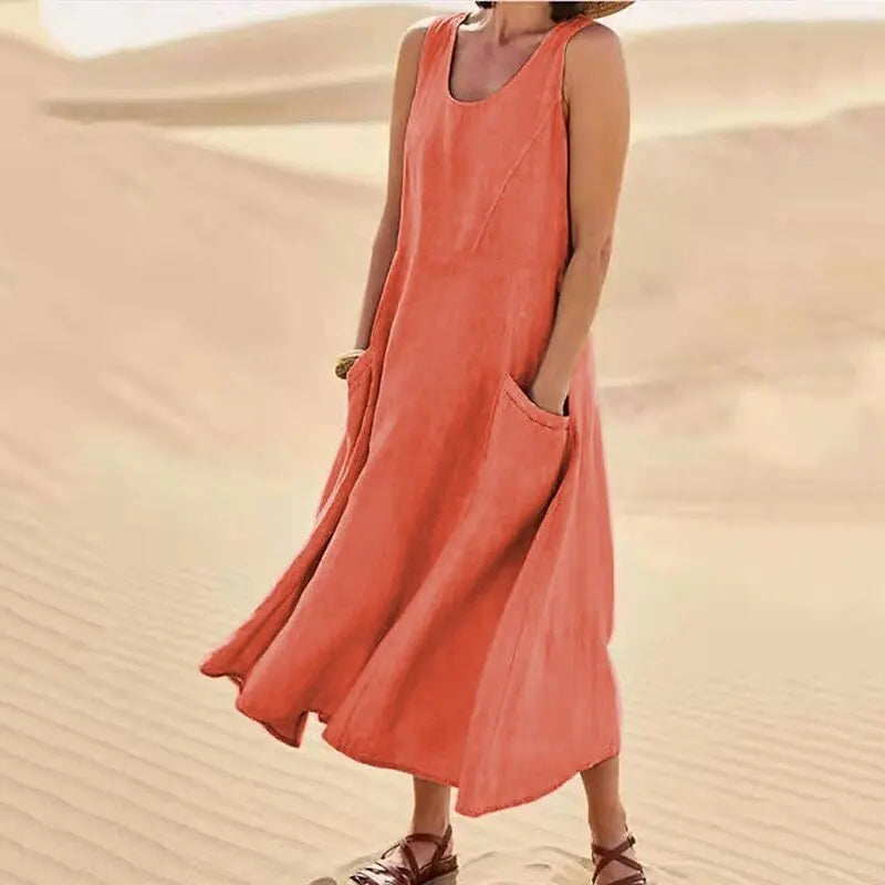 Cotton Linen Sleeveless Double Big Pocket Loose Dress