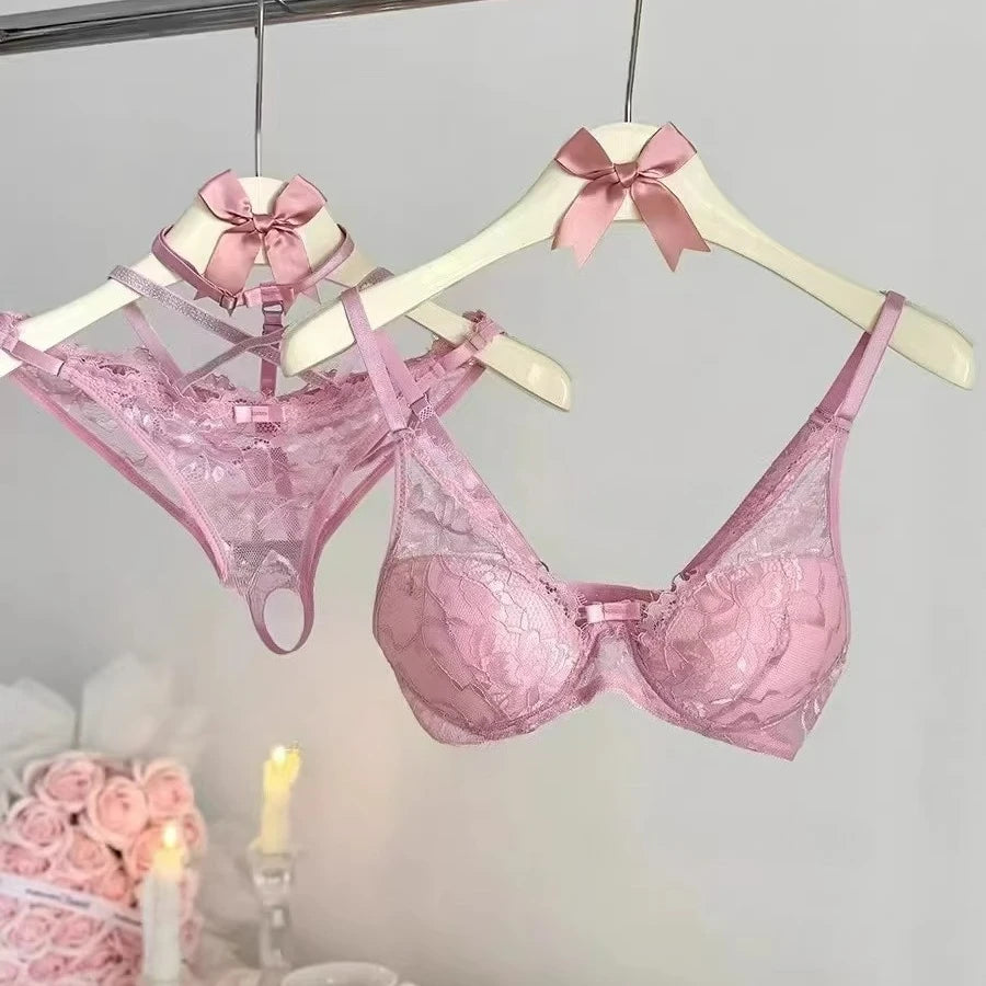 Pink Halter Neck Lace Bra Set
