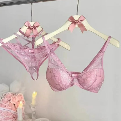 Pink Halter Neck Lace Bra Set