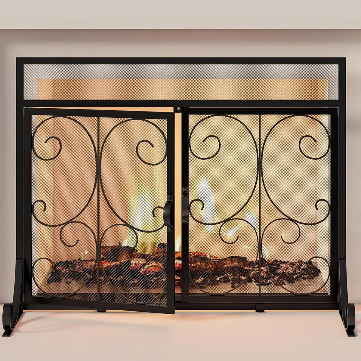 Modern Double-Door Wrought Iron Fireplace Screen Fence