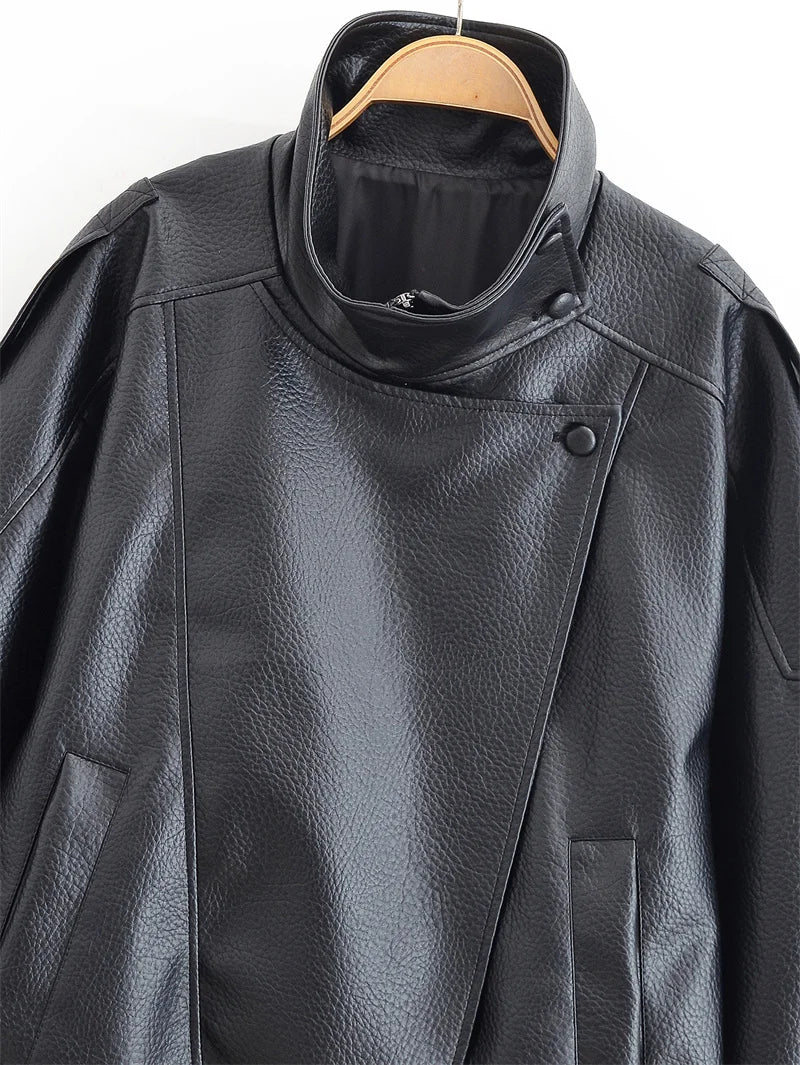 Women's Black Faux Leather Motorcycle Jacket – Long Sleeve Casual Coat