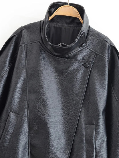 Women's Black Faux Leather Motorcycle Jacket – Long Sleeve Casual Coat