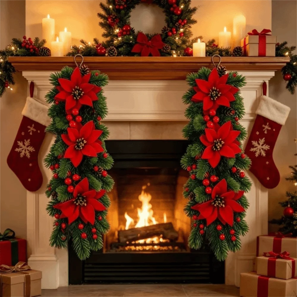 Wall-Mounted Christmas Hanging Vine with Red Berries & Poinsettia
