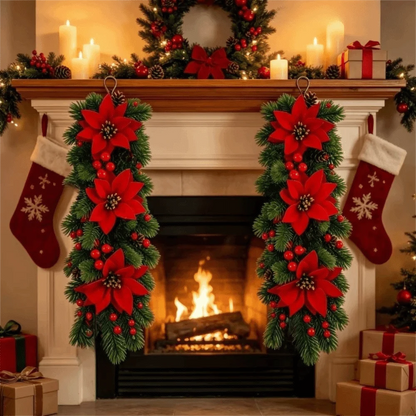 Wall-Mounted Christmas Hanging Vine with Red Berries & Poinsettia