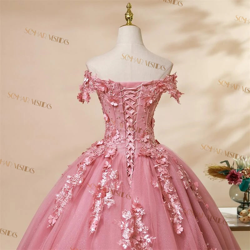 Off-The-Shoulder Floral Applique Quinceañera Ball Gown