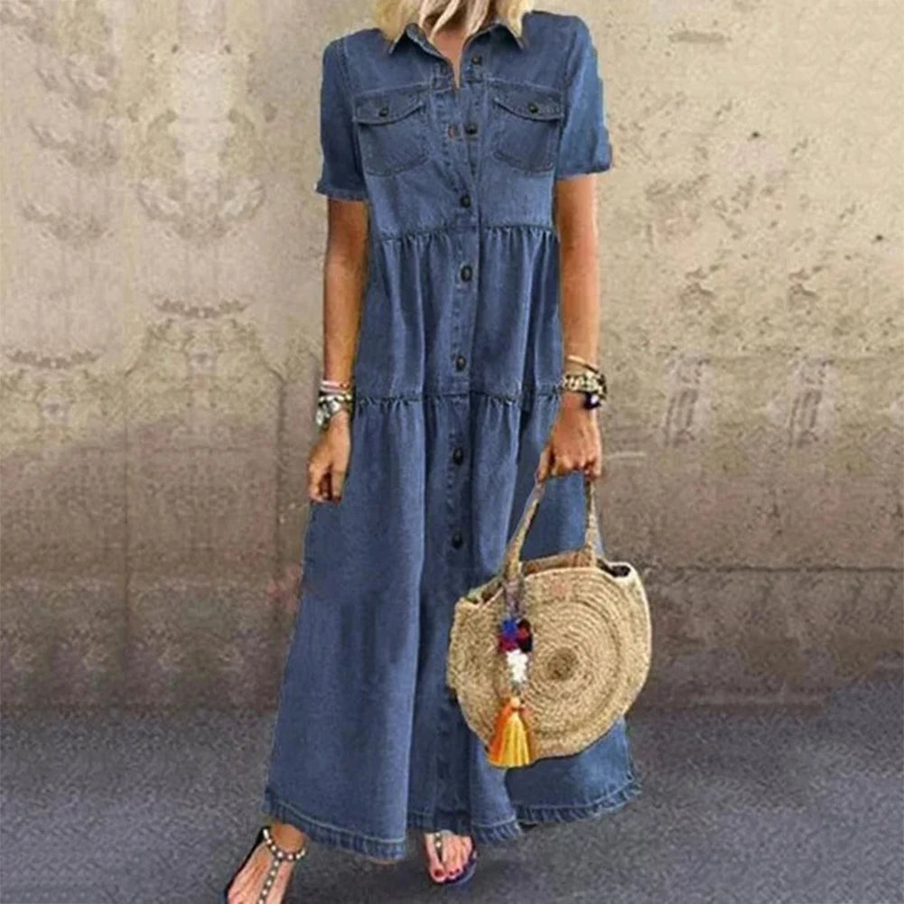 Women's Loose Denim Maxi Shirt Dress with Pockets & Lapel Collar