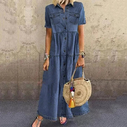 Women's Loose Denim Maxi Shirt Dress with Pockets & Lapel Collar