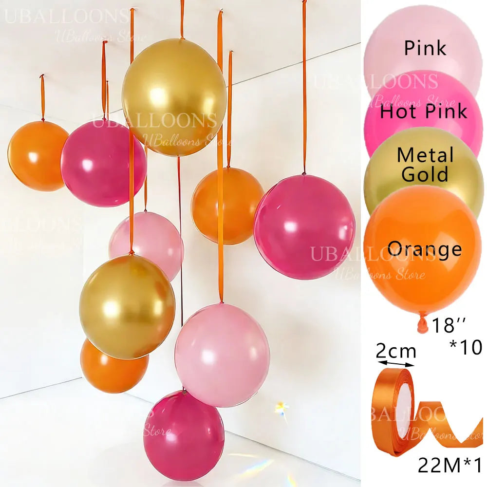 10-Pack 18" Orange & Hot Pink Party Balloons with Satin Ribbons