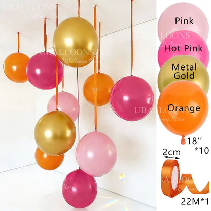 10-Pack 18" Orange & Hot Pink Party Balloons with Satin Ribbons