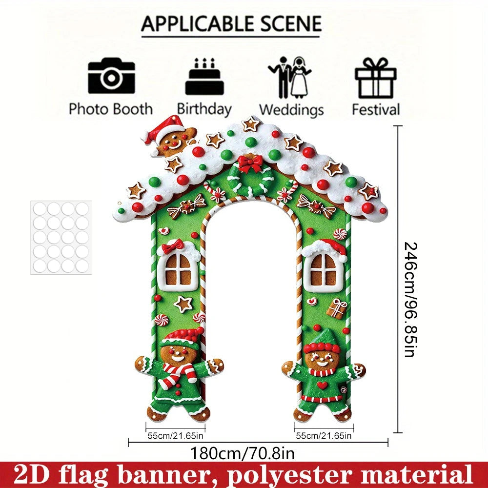 2D FLAT 1Pc Green Christmas Gingerbread House Outdoor Door Banner - Polyester Fabric Photo Backdrop