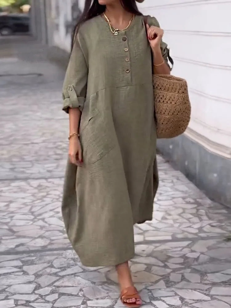 Women's Loose Cotton Linen Long Sleeve Maxi Dress with Pockets