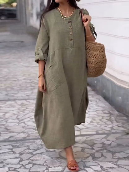 Women's Loose Cotton Linen Long Sleeve Maxi Dress with Pockets