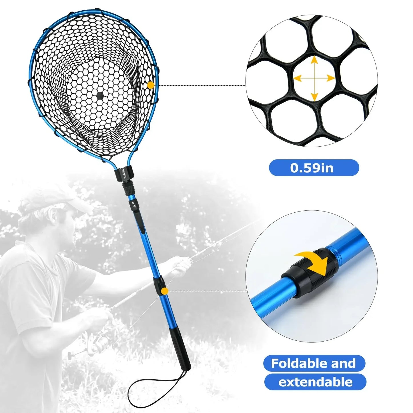 Goture Portable Fly Fishing Net with Retractable Handle and Rubber Mesh