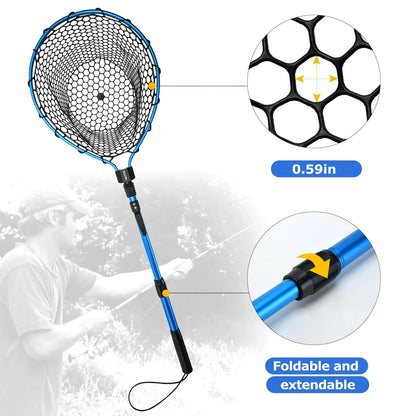 Goture Portable Fly Fishing Net with Retractable Handle and Rubber Mesh