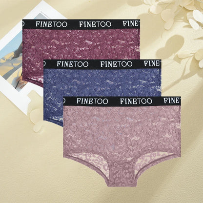 FINETOO Women's Lace Boyshort Panties Set - High-Waist Transparent Mesh Briefs