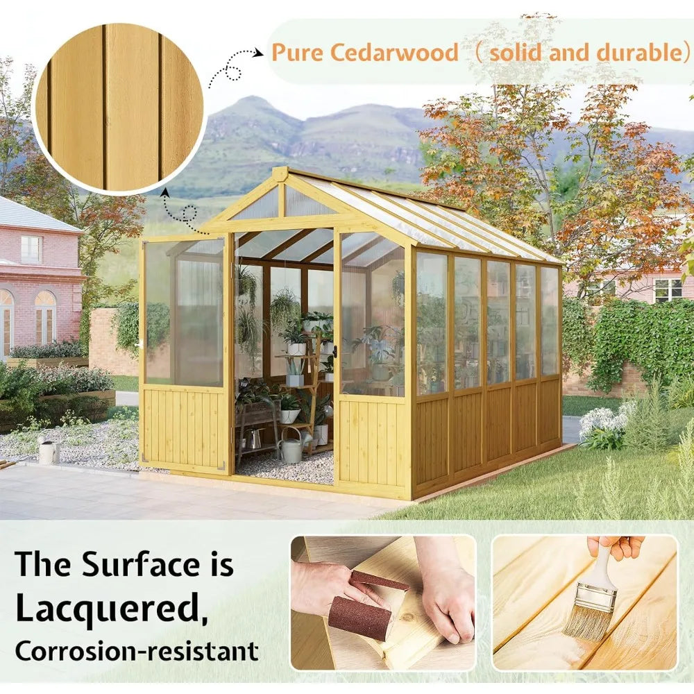 6x8x6.5ft Pre-assembled Cedar Wood Frame Greenhouse with Lockable Door Adjustable Roof Vents