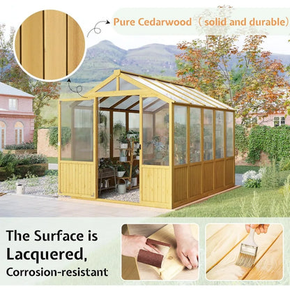 6x8x6.5ft Pre-assembled Cedar Wood Frame Greenhouse with Lockable Door Adjustable Roof Vents