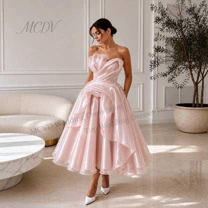 Elegant Strapless Organza A-Line Midi Wedding Dress – Civil Bridal Gown
