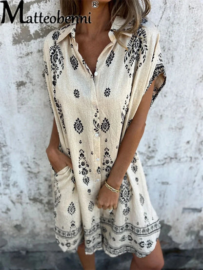 Women's Vintage Cotton Linen Single-Breasted Shirt Dress