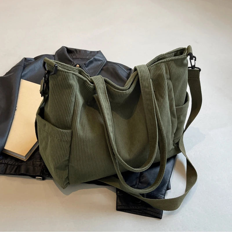 Women Corduroy Multi-Pocket Shoulder Tote & Crossbody Sling Bag