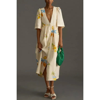 Women's Boho Printed V-Neck Puff Sleeve Loose Vacation Maxi Dress