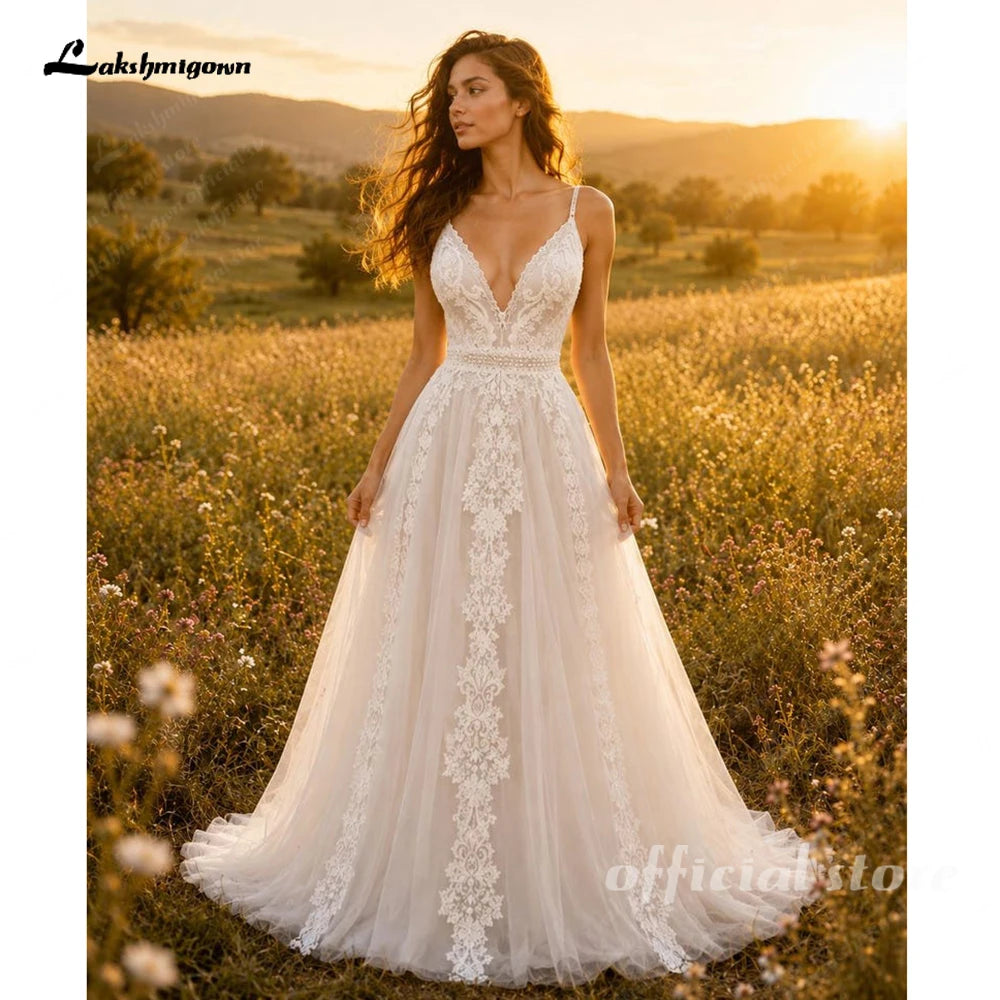 Lakshmigown Boho Lace & Tulle A-Line Wedding Dress with V-Neck & Low Back