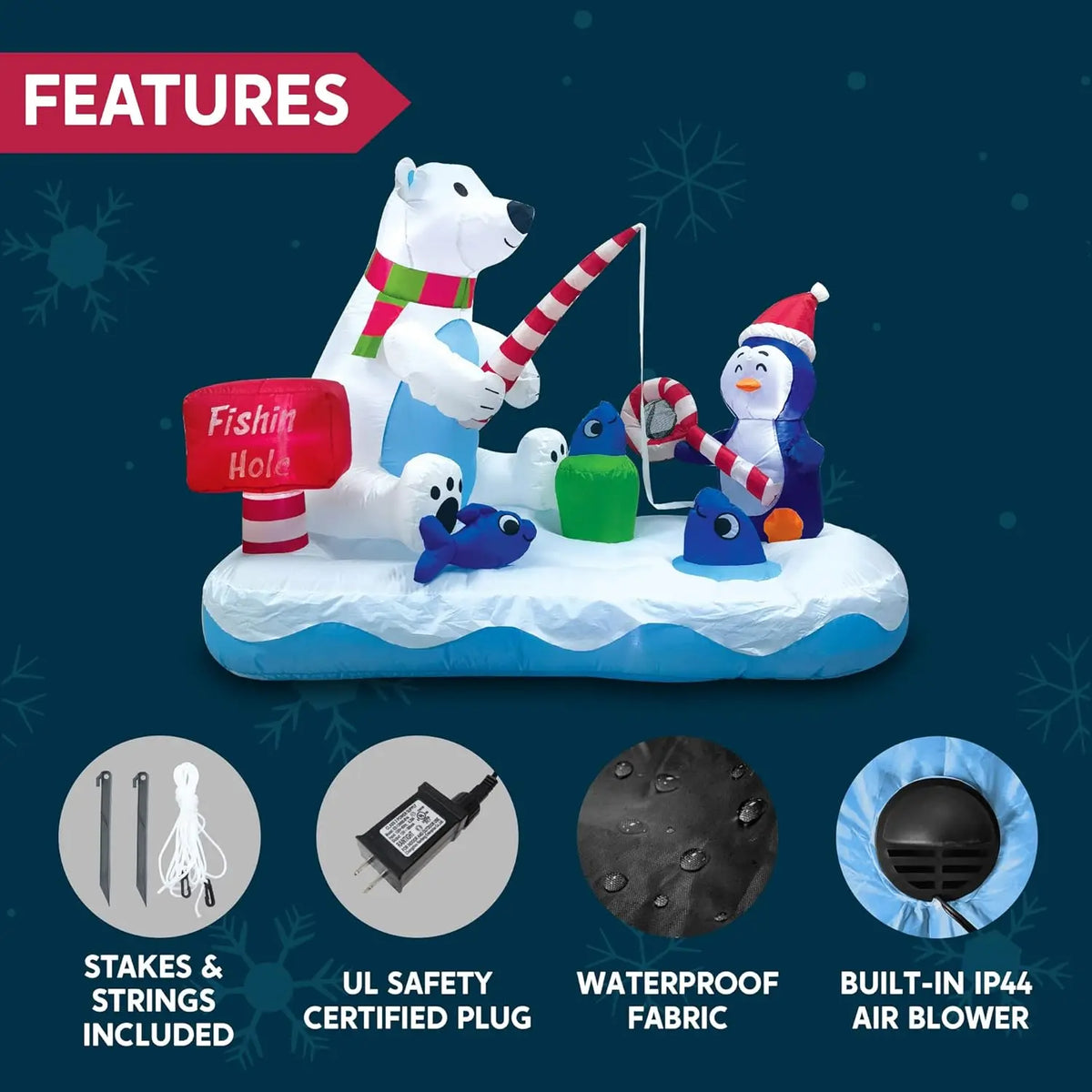 6 FT Long Christmas Inflatable Penguin & Polar Bear Fishing Yard Decoration