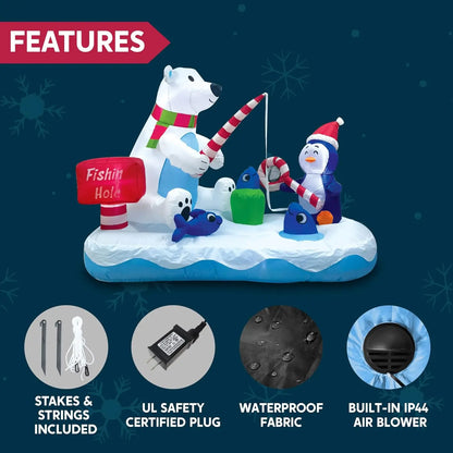 6 FT Long Christmas Inflatable Penguin & Polar Bear Fishing Yard Decoration