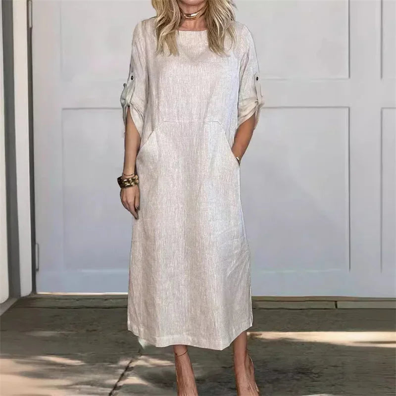 Women's Casual 3/4-Sleeve Cotton Linen Pullover Dress with Pockets