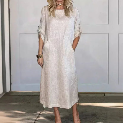 Women's Casual 3/4-Sleeve Cotton Linen Pullover Dress with Pockets
