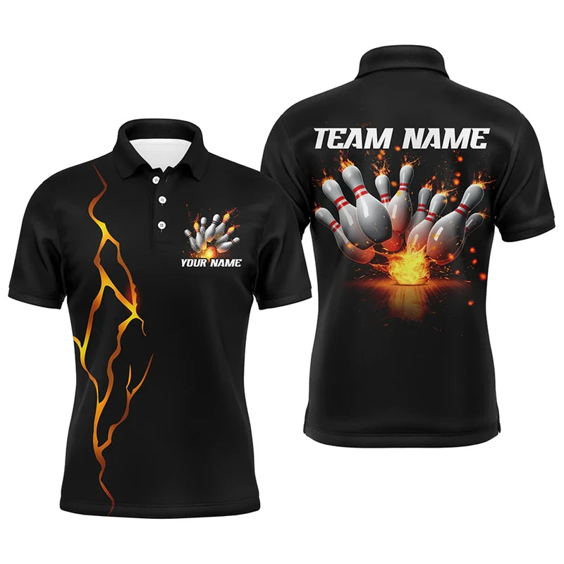 Men's Custom Name Purple Lightning Bowling Polo Shirt
