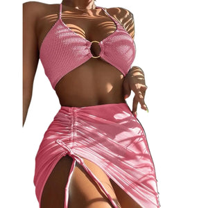 Solid Color 3Pce Bikini With Adjustable Drawstring