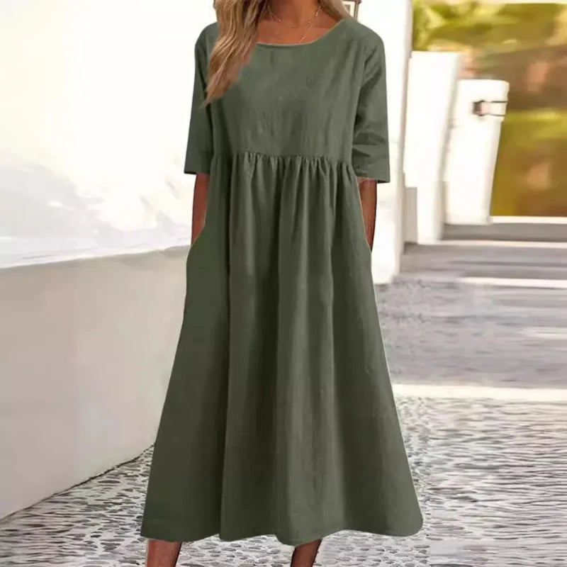 Women's Casual Linen Blend Loose Fit Midi Dress with Pockets