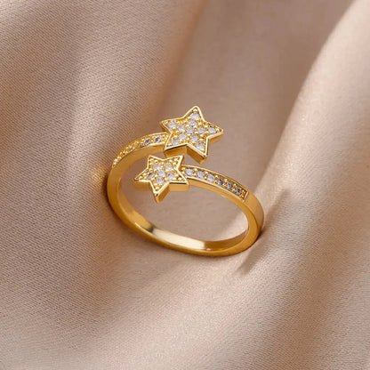 18K Gold Plated Zircon Geometric Open Ring – Trendy Waterproof Stainless Steel Jewelry