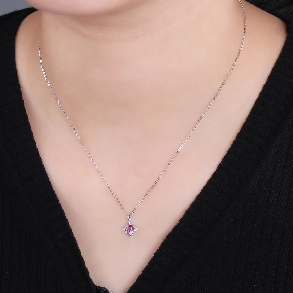 18K White Gold Natural Pink Sapphire & Diamond Pendant Necklace