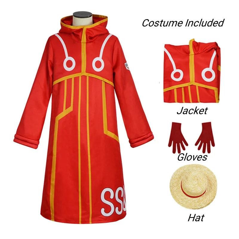 Egghead Island Monkey D. Luffy Cosplay Costume - Red Futuristic Robe & Hat Set
