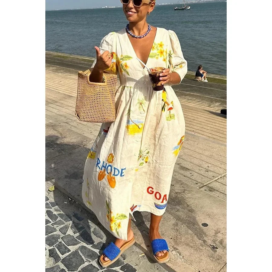 Women's Boho Printed V-Neck Puff Sleeve Loose Vacation Maxi Dress